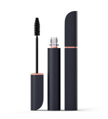 Open and closed mascara tubes in black case with eyelash brush. Isolated on transparent background. Makeup product. Fashion cosmetics. 3D render