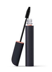 Modern open mascara tube in black case with eyelash brush. Isolated on transparent background. Makeup product. Fashion cosmetics. 3D render