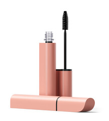 Standing and lying mascara tubes in beige case with eyelash brush. Isolated on transparent background. Makeup product. Fashion cosmetics. 3D render