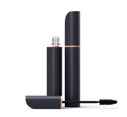 Open and closed mascara tubes in black case with lying eyelash brush. Isolated on transparent background. Makeup product. Fashion cosmetics. 3D render