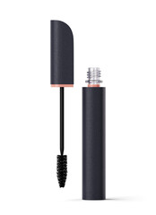 Open mascara tube in black case with flying eyelash brush. Isolated on transparent background. Makeup product. Fashion cosmetics. 3D render