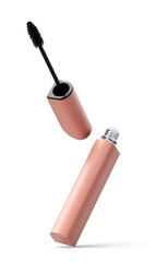 Flying and falling mascara and eyelash brush in beige case. Isolated on transparent background. Makeup product. Fashion cosmetics. 3D render