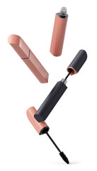 Flying and falling mascara and eyelash brush in black and beige case. Isolated on transparent background. Makeup product. Fashion cosmetics. 3D render