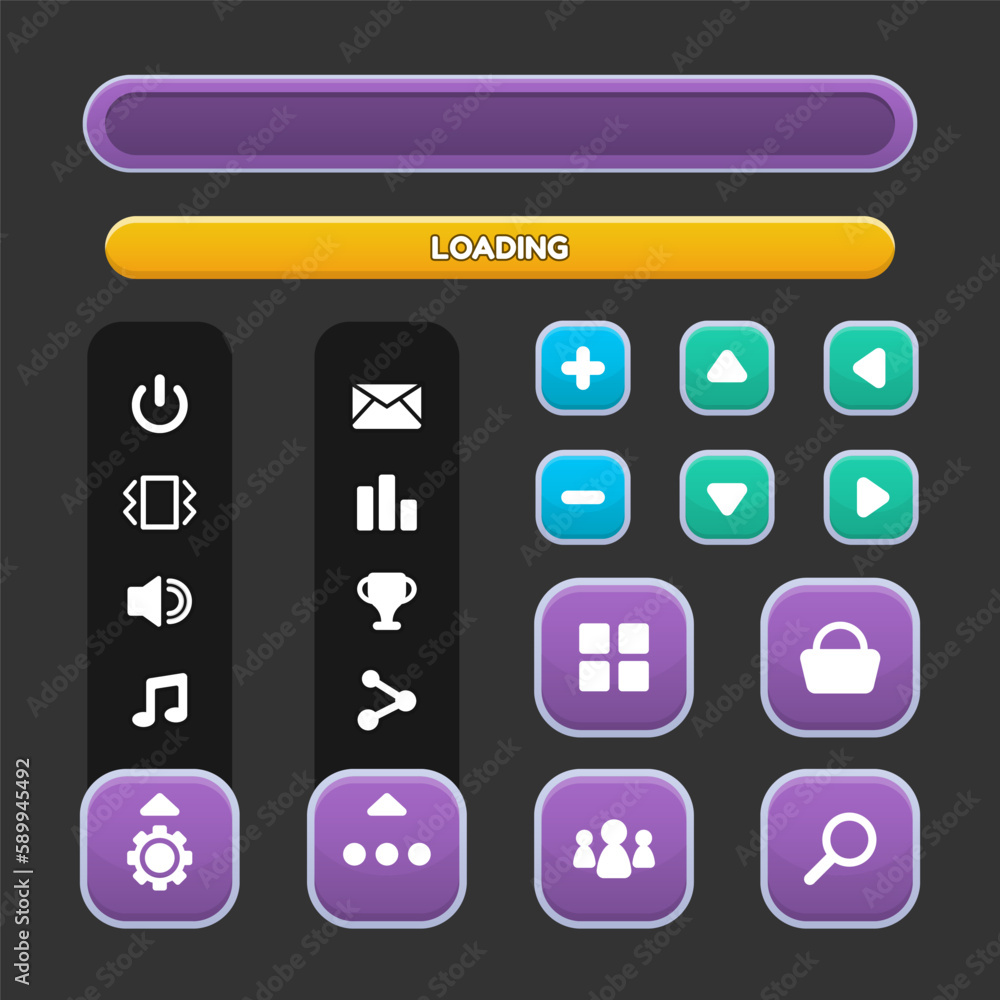 Poster button set designed game user interface (gui) for video games, computers.