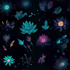 Obraz premium Luminescent Lotus A seamless pattern of bioluminescent lotus flowers in cyan magenta yellow and black deconstructed