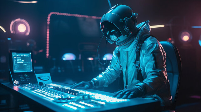 Astronaut DJ in futuristic surrounding 