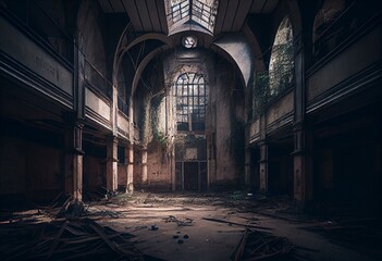 An abandoned school's gymnasium in ruins. Generative AI - obrazy, fototapety, plakaty