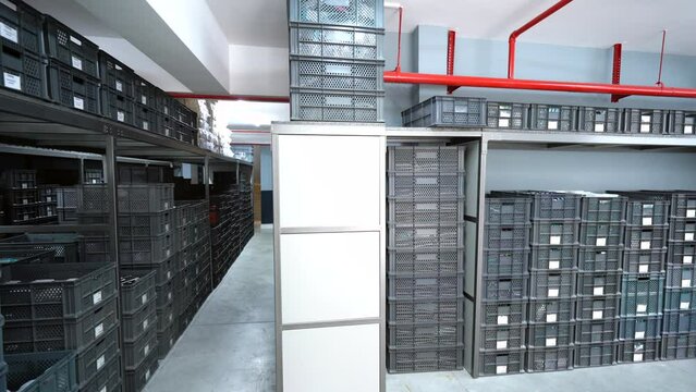 Warehouse and product crates. Warehouse delivery workplace. Shipping storehouse crates concept. Business concepts. 4k Resolution. 