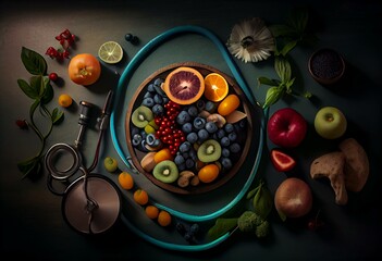 Fototapeta na wymiar A stethoscope lies in front of a colorful arrangement of fruits and vegetables, conveying the concept of healthy eating. Generative AI