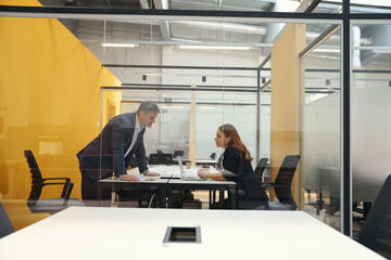 Man and woman discussing cooperation in the business center