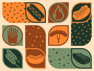 Hot dogs, French fries, soda template design for social media marketing of a restaurant or hotel. Set of flat style geometric vector illustrations. great for wallpaper, background, cover, poster, logo