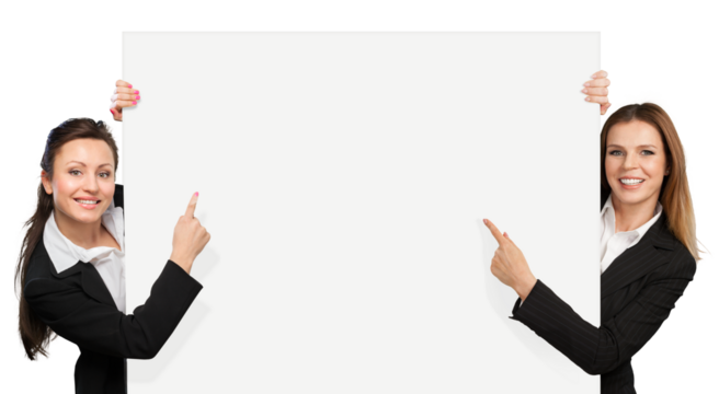 Happy smiling young woman showing blank signboard, isolated on background