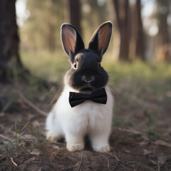 A bunny wearing a bow tie sitting in the middle of a forest