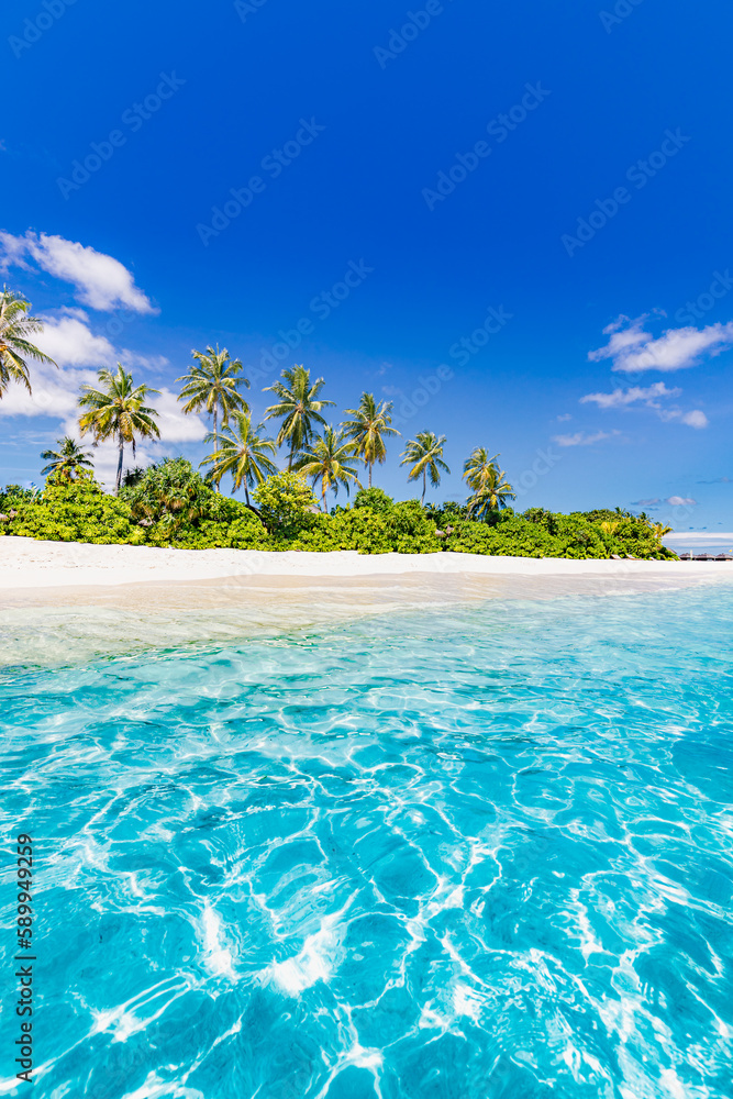 Poster paradise island beach. tropical landscape of summer scenery, sea sand sky palm trees. luxury travel  - Posters