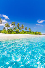 Paradise island beach. Tropical landscape of summer scenery, sea sand sky palm trees. Luxury travel vacation destination. Exotic beach landscape. Amazing nature, relax, freedom nature concept Maldives - obrazy, fototapety, plakaty