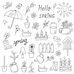 Doodle spring icons set. Hand drawn isolated elements and phrase. Springtime, gardening concepts. Line art.  Umbrella, fence watering can, bouquet of flowers, birds, sun and seedlings in pots. Vector.