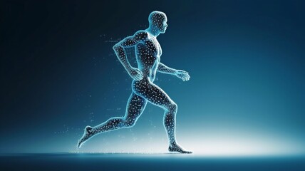 Obraz premium The figure of a running man, of blue water, on a blue background. Generative AI.