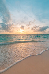 Sunset beach landscape. Relaxing sand sea waves cloudy sky horizon. Tranquil freedom Mediterranean...