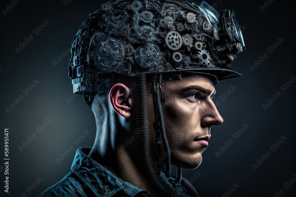 Poster wondrous efficient machinery and productive output double exposure concept. determined and focused e