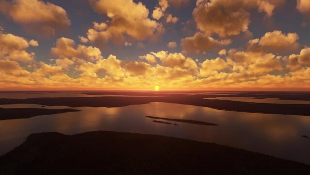 Front Aerial View at Sunrise of Lake Kagawong; Manitoulin Island; Ontario. Canada