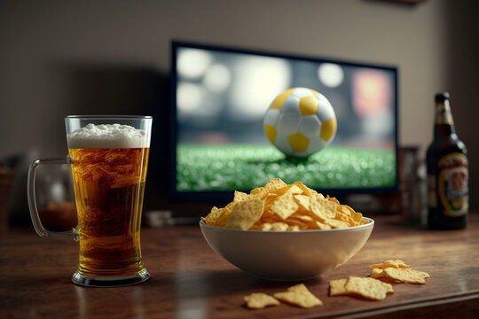 TV, Television Watching Football Match With Snacks And Alcohol. Relax In Front Of The TV. A Fan Match Play Off. A Plate Of Potato Chips Mug Of Beer On The Table. Popcorn Drinks. Generative AI