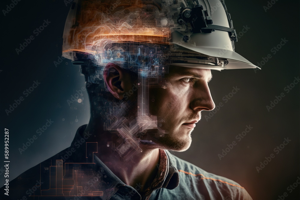 Poster electrical engineering concept design. electrician or engineer wear hardhat with double exposure eff