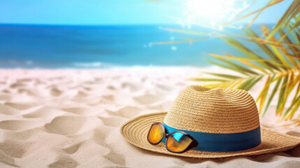 Straw hat and sunglasses in white sand on background of picturesque summer beach. Based on Generative AI