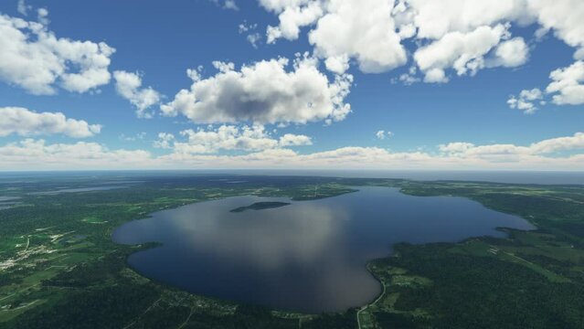 Front Aerial View with Drone Flying over Lake Kagawong; Manitoulin Island; Ontario. Canada