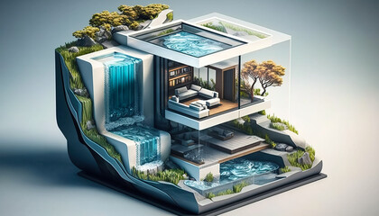 Top View of a High-End Project Featuring a Luxurious Living Room and Kitchen - ai generated