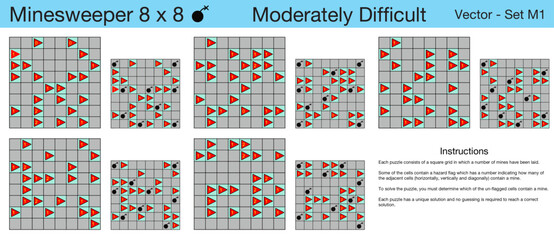 5 Moderately Difficult Minesweeper 8 x 8 Puzzles. A set of scalable puzzles for kids and adults and ready for web use, or to be compiled into a standard or large print activity book.