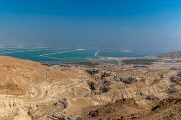 Fototapeta na wymiar View of the desert mountains and the Dead Sea from an official viewpoint above the Dead Sea in Israel. 