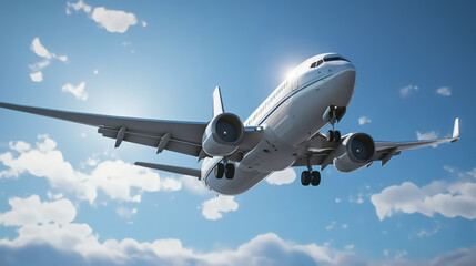 Naklejka premium Commercial airplane flies high in blue sky above white clouds. Adventure and travel concept. Generative AI. 