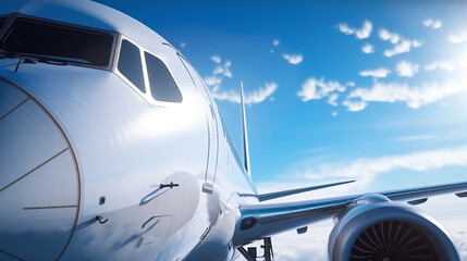 Fototapeta premium Commercial airplane flies high in blue sky above white clouds. Sun with rays shines brightly in sky. Adventure and travel concept. Generative AI. High quality illustration