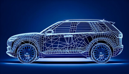 Fototapeta na wymiar Modern SUV Car wireframe concept with intersection points, side view of SUV car in augmented reality style against blue background, generative ai