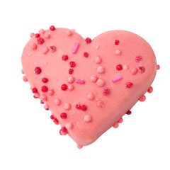 Decorated heart shaped cookie on white background, top view