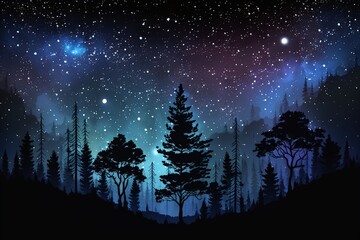 night sky forest background illustration,Generative AI