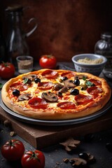 Delicious Capricciosa Italian pizza. Close up shot. Generative AI Vertical shot