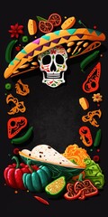 Mexican style banner with traditional sombreros, skulls and ingredients. Dark background with copy space. Generative AI illustration
