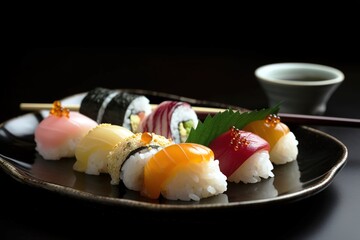 Close up shot of gourmet food photography sushi dish. Generative AI