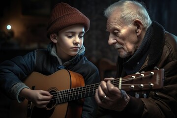 Grandfather teaching his grandson how o play the guitar. Generative AI