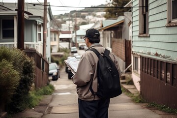 Male social worker checking life in poor neighborhoods. Back view, unrecognizable person. Generative AI