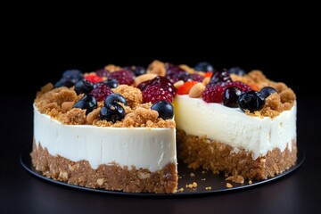 American cheesecake dessert garnished with fresh berries over dark background. Generative AI