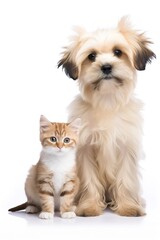 Adorable puppy dog and kitten looking at camera over white background studio shot. Generative AI Vertical shot