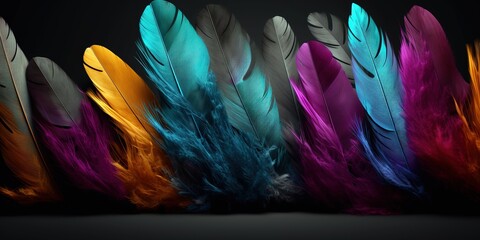 Colorful feathers over black background. Generative AI