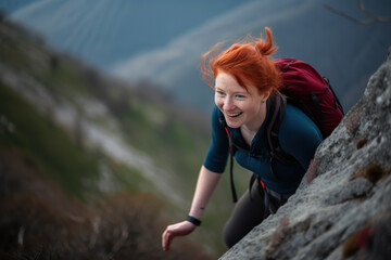 Against all odds: powerful image of a red-haired woman climbing the steep side of a mountain