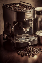 AI generated image of a retro coffee machine with beans spilling. 