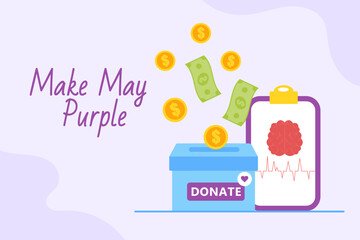 Flat style box with a donation. Make May Purple. Support for research and treatment of brain stroke.