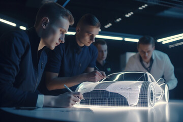 Obraz na płótnie Canvas group of happy auto mechanics working with model of car at workshop. selective focus. Generative AI