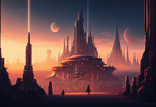 Gorgeous anime art depicts a dazzling city in the Star Wars universe. Generative AI