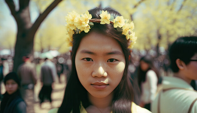 Woman at the spring festival on a crown of flowers, Generative AI